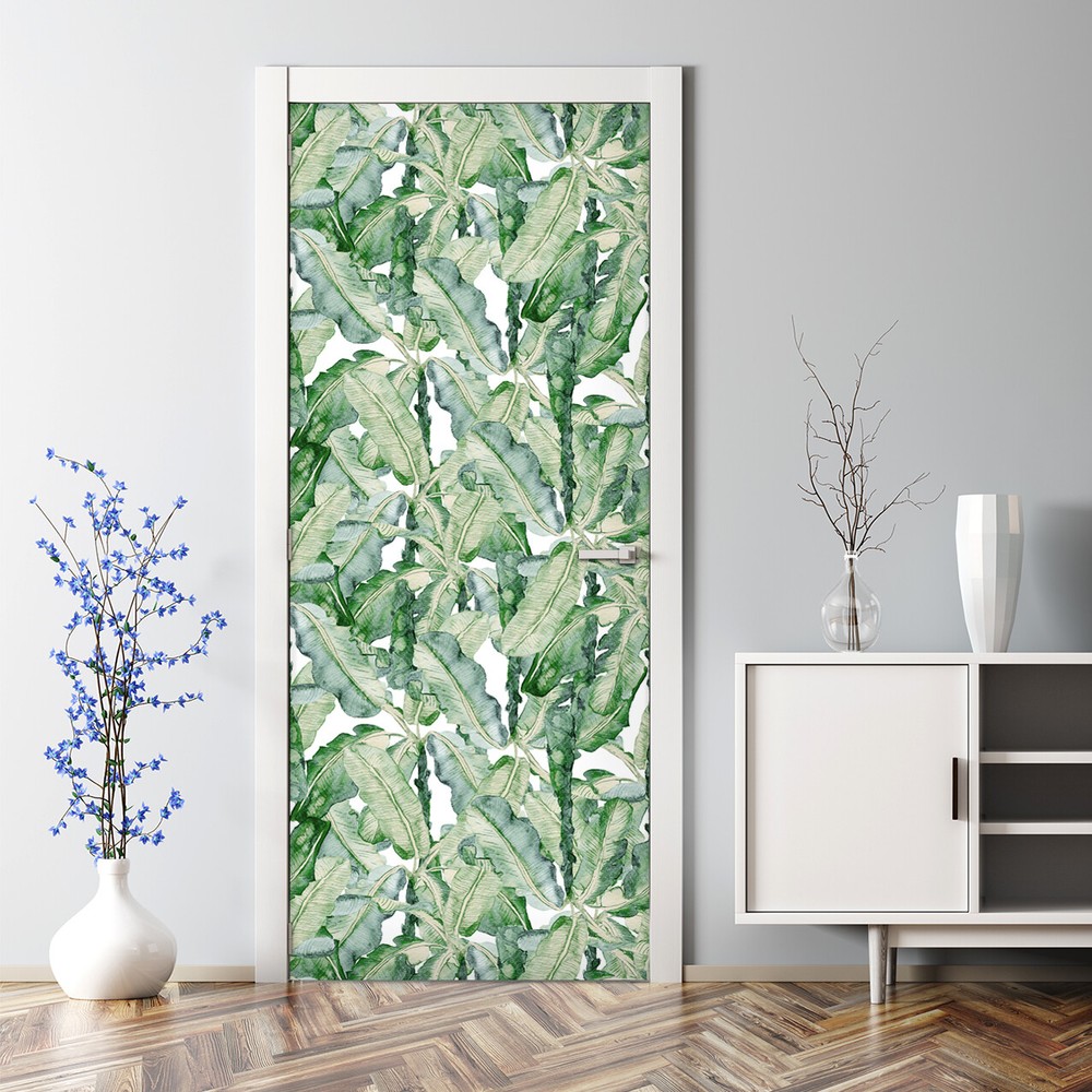 Tropical Banana Leaf Watercolor Decal Bubble-Free Door Sticker
