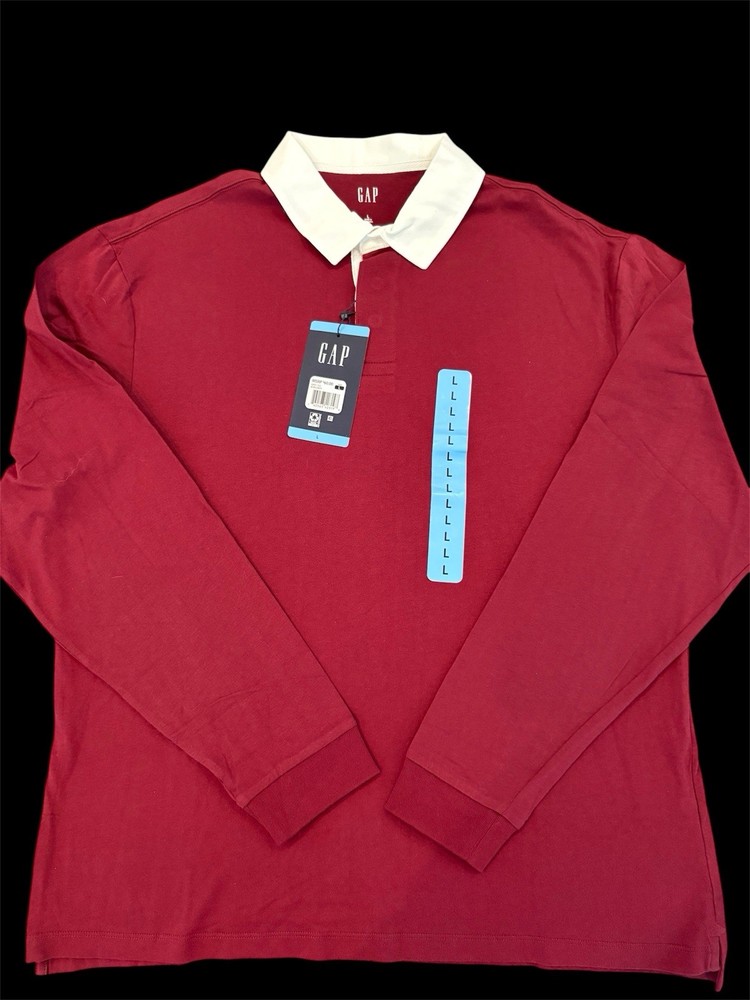 Gap Men’s Rugby Shirt Burgundy Long Sleeve White Collar Size L NWT