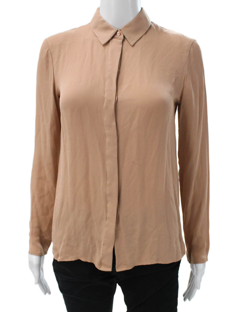 Theory Women Silk Collared Button Long Sleeve Basic Blouse Beige Size PPFree Shipping in US $100+ Orders | $6.95 Orders Below