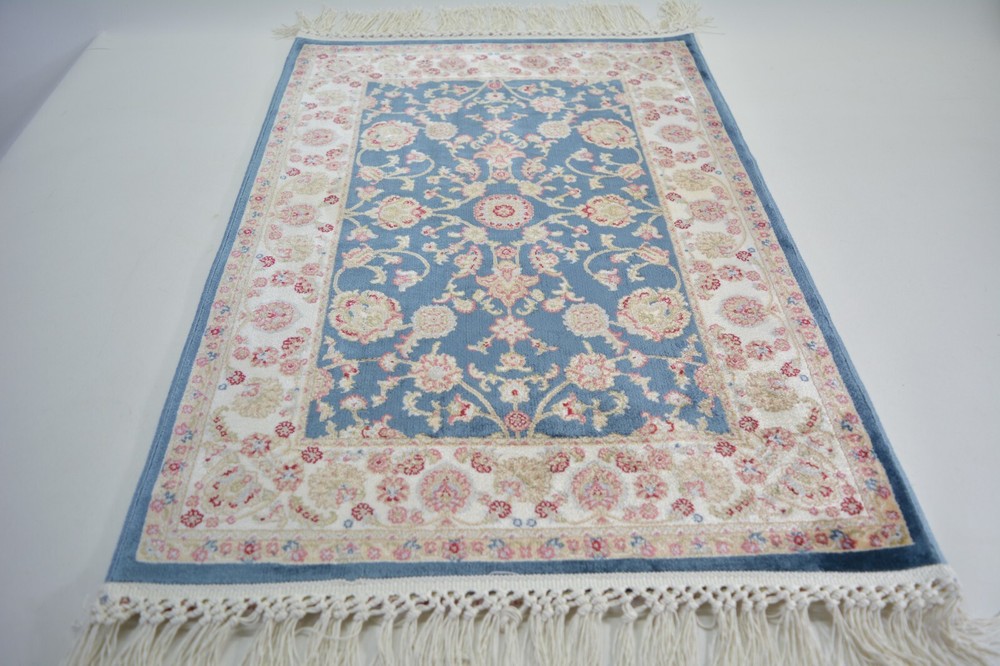 Oriental Blue Bamboo Silk Rug, 1.6x2.3ft, Small Blue Silk Rug With Antique Look,
