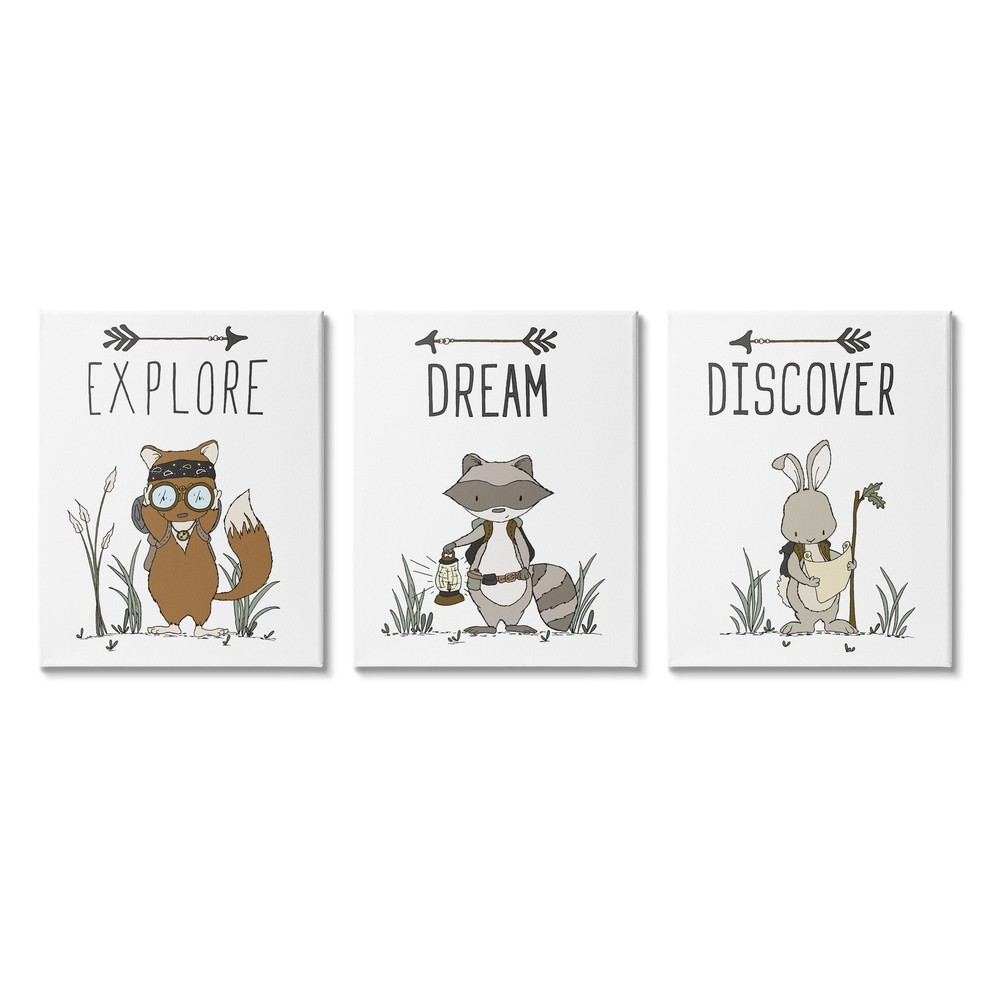 Stupell Inspirational Explore Dream Discover Kids Animal 3-Piece Canvas Wall Art