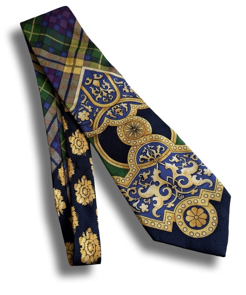 Vintage Gianni Versace Baroque Plaid Gold Navy Iridescent Silk Neck Tie Italy