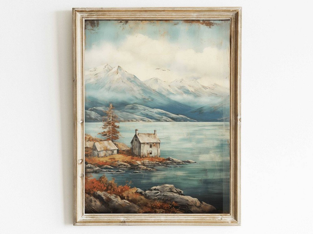 Lake Mountain Art Rustic Landscape Painting Vintage Nature Print Distressed
