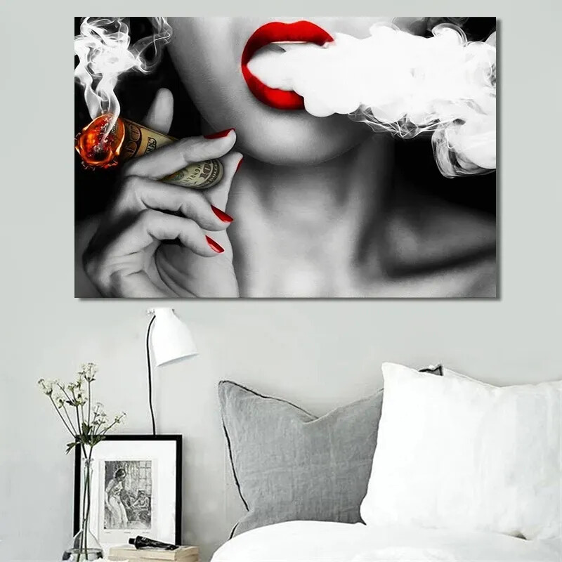 Modern Red Lips Women Smoking Money Cigar Poster Prints Wall Art Canvas Painting