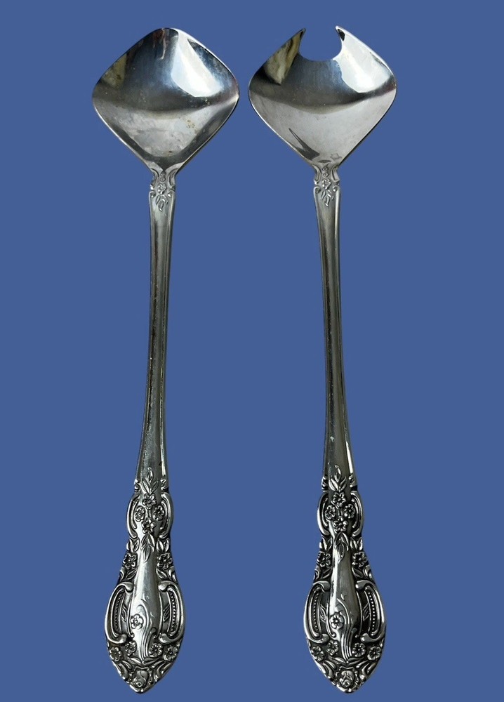 Vintage Salad Serving Spoon Fork Set MCM Stainless Steel Floral Springtime 60s