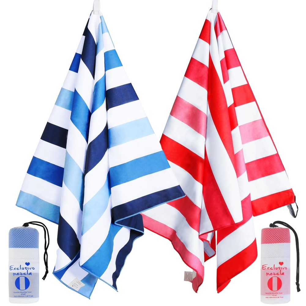 2 Pack Quick Dry Microfiber Beach Towels Sand Free Cabana Stripe