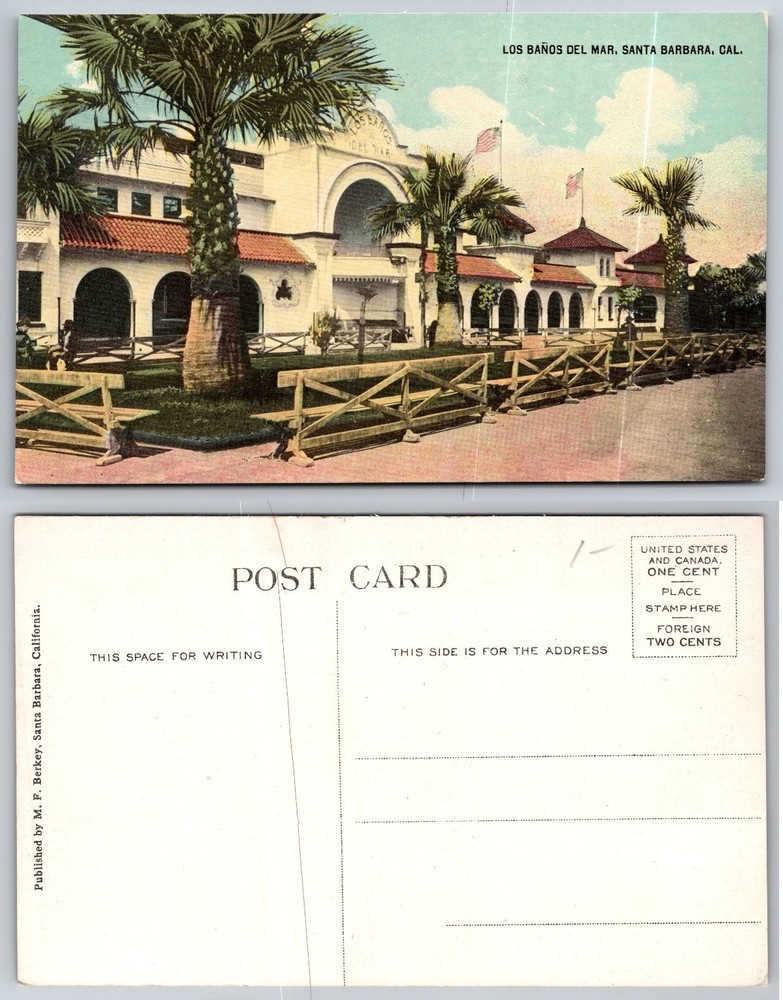 Los Baños del Mar Santa Barbara CA Vintage Postcard M.F. Berkey Palm Trees