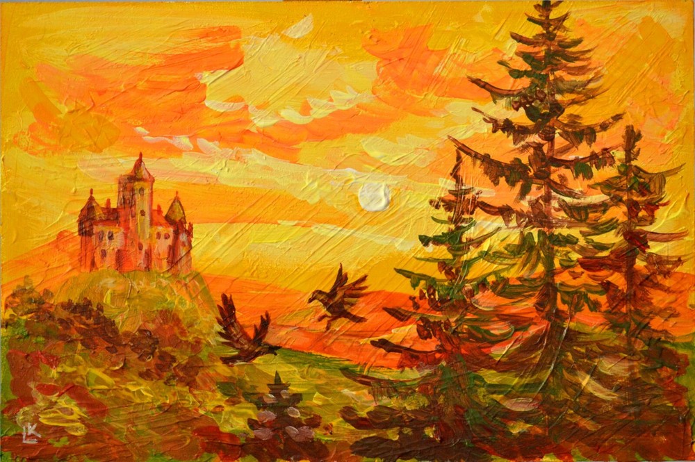 Orange Sunset Castle Landscape Original Modern Painting Pine Trees Flying Birds