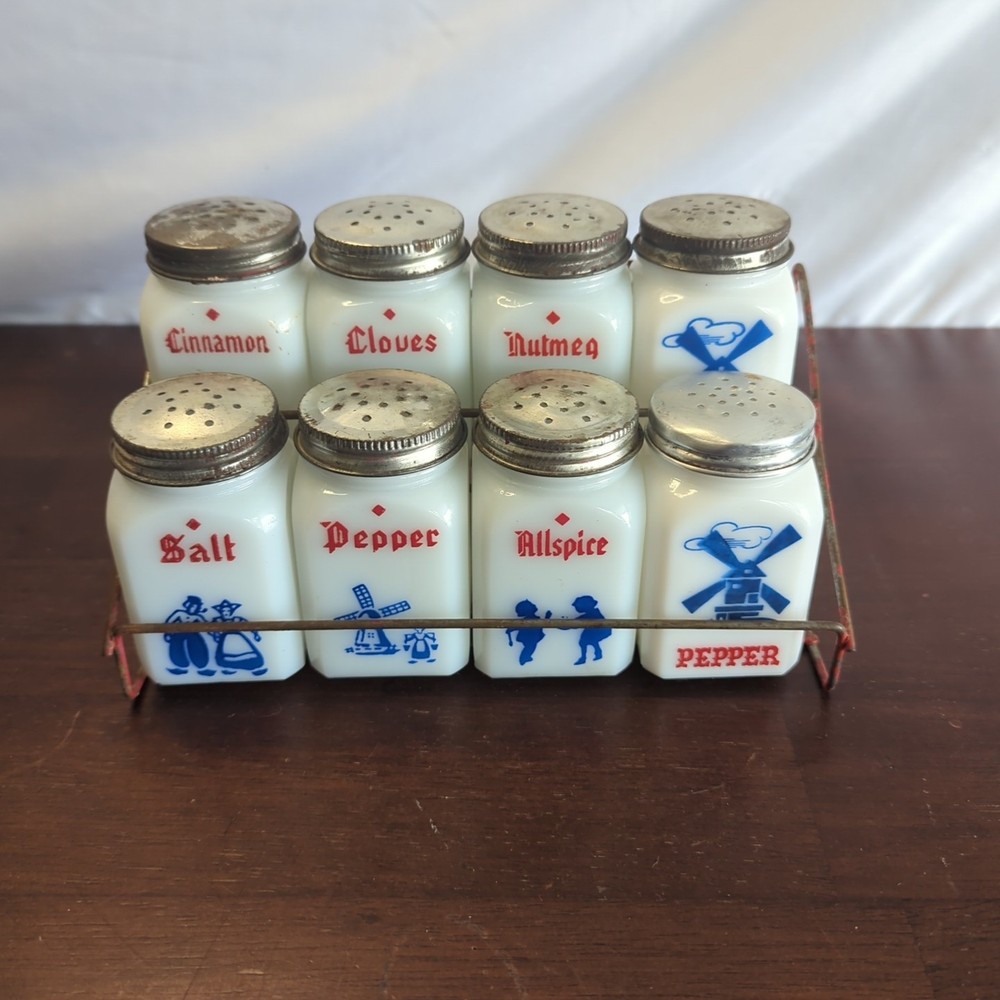 Vintage Hazel Atlas Milk Glass Dutch Spice Jar Set with Stand - 8 Jars