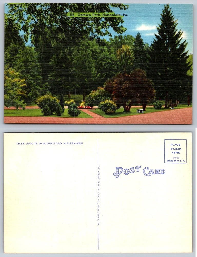 Honesdale PA Uptown Park Vintage Linen Postcard Mebane Greeting Card Co.