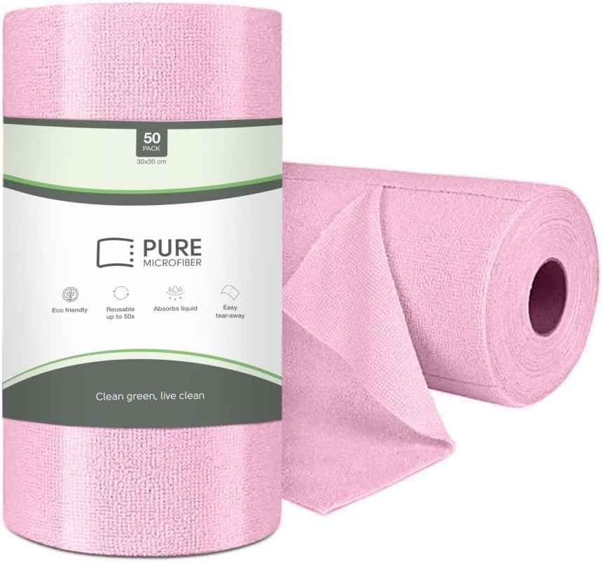 Eco-Friendly Reusable Microfiber Paper Towel Roll - Lint-Free Pink Cleaning Cloths