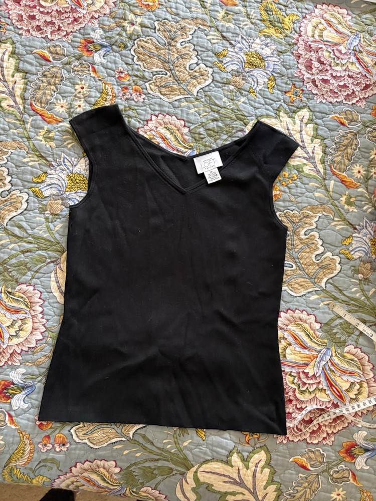 Ann Taylor LOFT Knit Silk Blend Black V-Neck Sleeveless Tank Top Petites SP