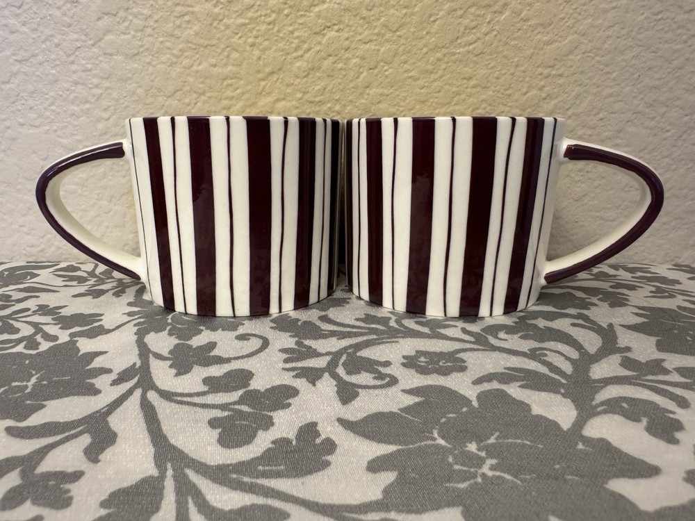 NOON & MOON Striped Dark Red White Ceramic Coffee Mug Set of 2