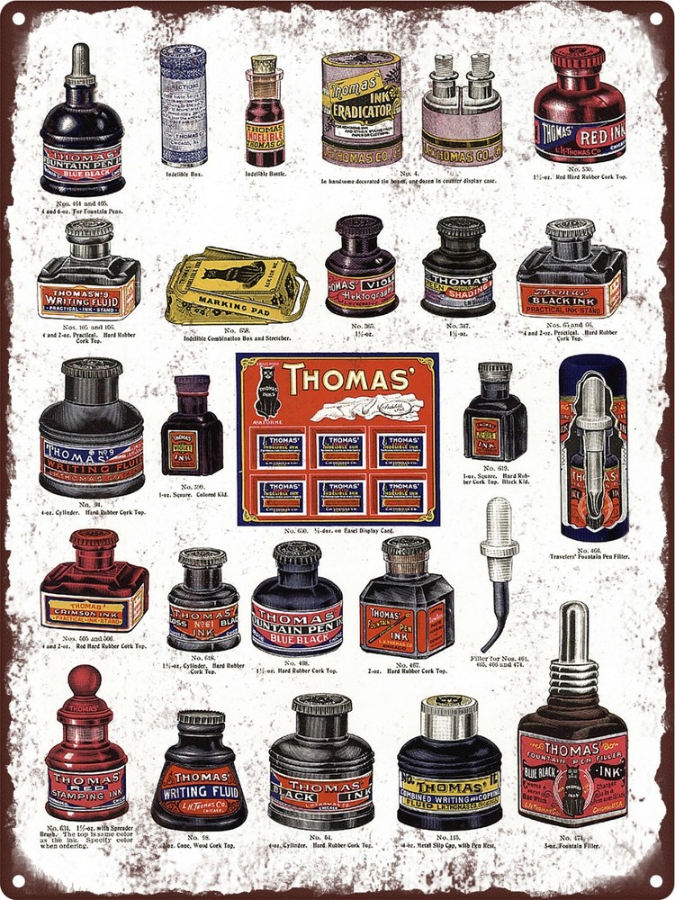 1908 Thomas' Ink Bottles Black Writing Fluid Black Cat Metal Sign 9x12