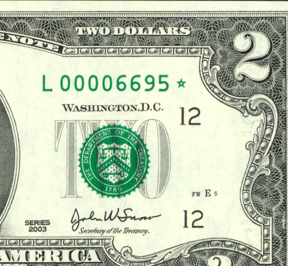 ((Star - 4 Digit)) $2 2003 ( Cu ) ((00006695)) Fancy Serial # ** Currency