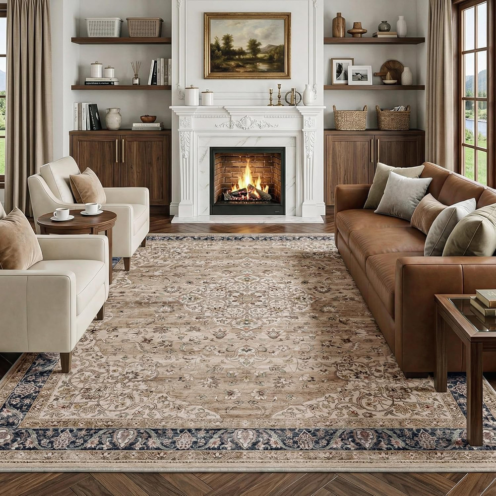 8X10 Brown Washable Area Rug Vintage Distressed Oriental Non Slip Low Pile Neutr