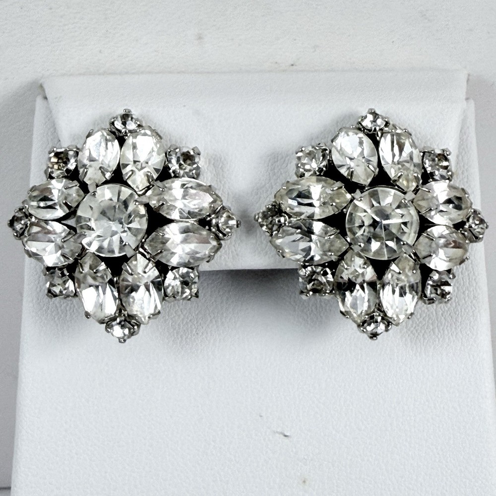 Vintage Rhinestone Silver Tone MCM Clip on Earrings