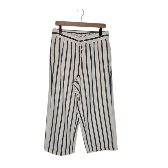 J Crew Women Sz 12 Linen Blend Wide Leg Ankle Pants Blue White Stripe Boho Beach
