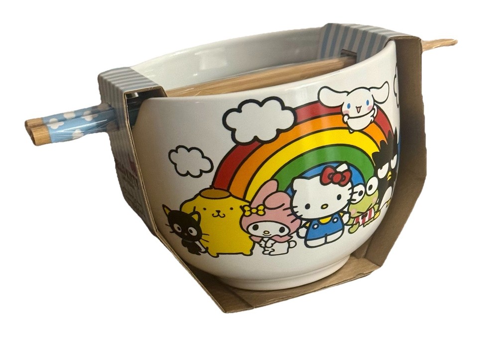 New Sanrio Hello Kitty and Friends Rainbow Ceramic Ramen Bowl with Chopsticks