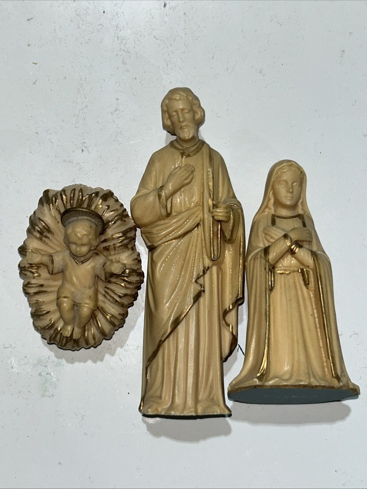 VTG 1962 Nativity Holy Family Hard Plastic Figurines Hong Kong Mary Joseph Jesus