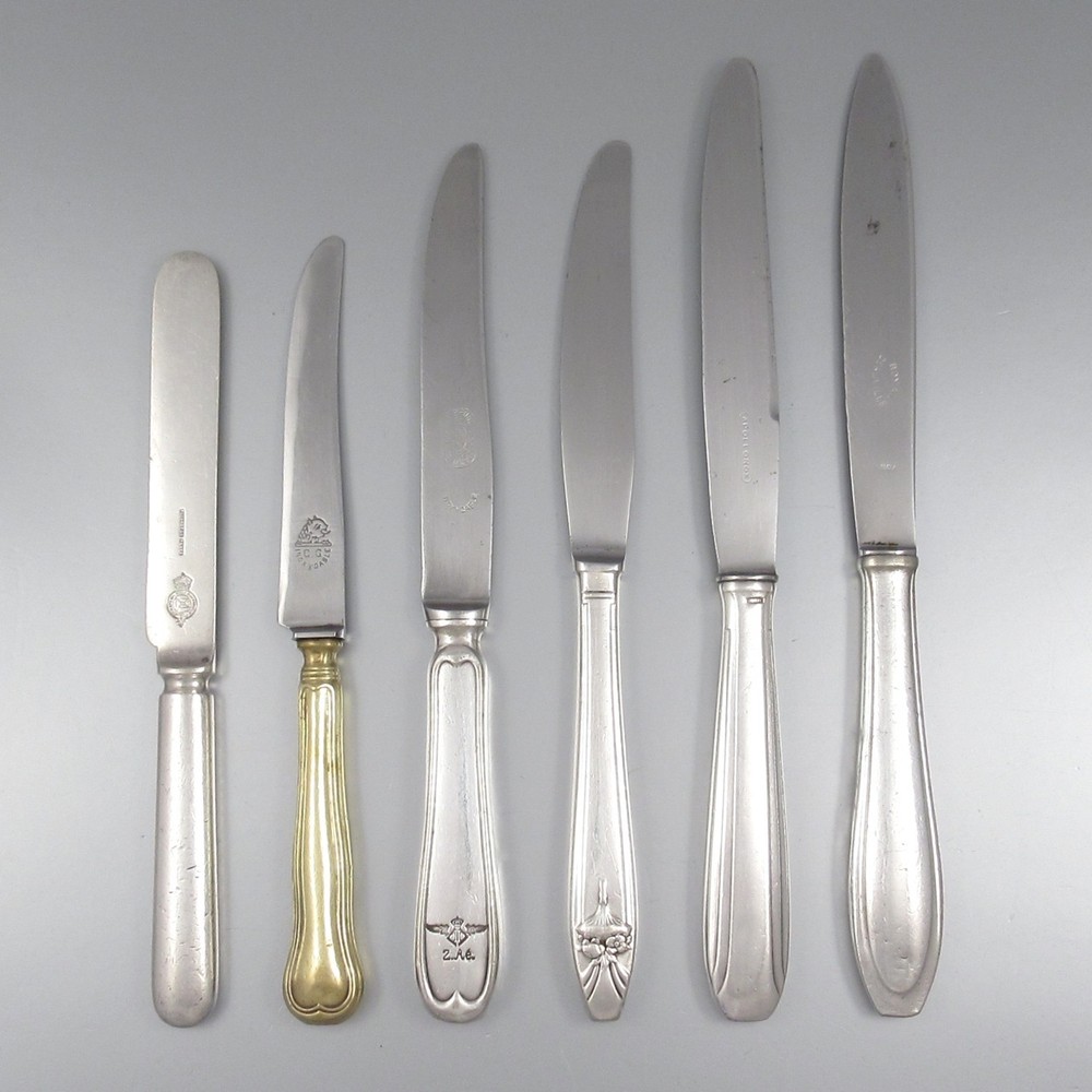 Assortment of Six Antique / Vintage French British Belgian Silver Plate Knives