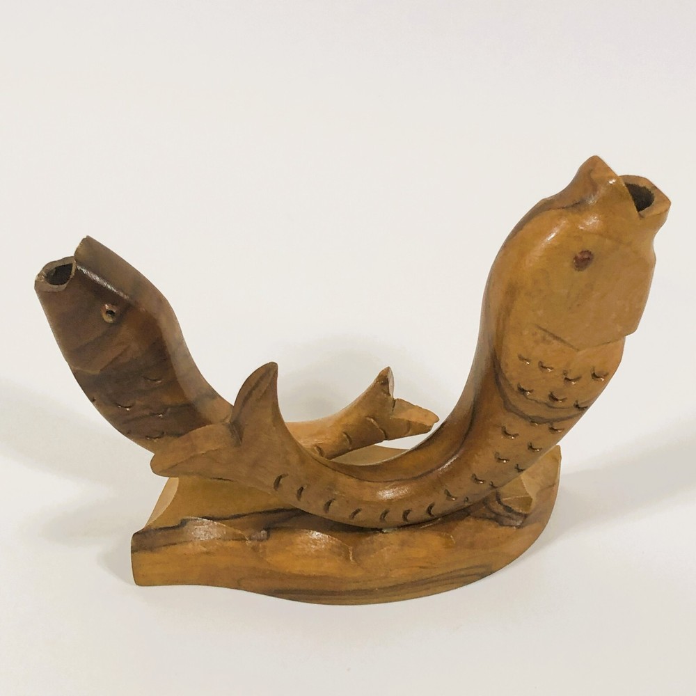 Vintage MCM Hand Carved Wooden Fish Double Pencil Pen Holder Desk Accessory