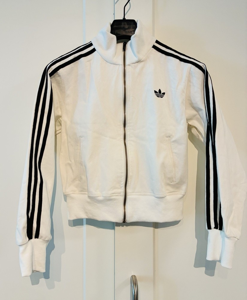 Adidas White M Black Stripe Track Jacket Full Zip Cropped Retro Sport Jacket