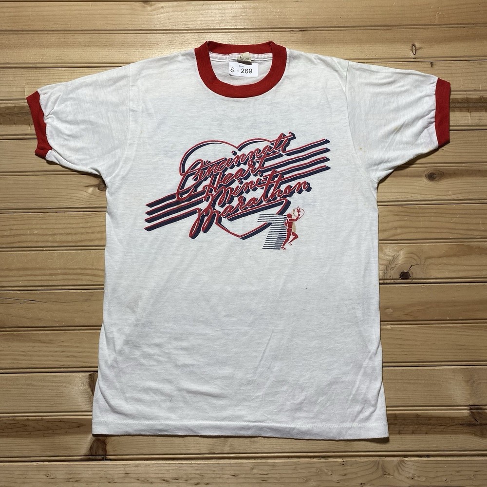 Vintage 80s Cincinnati Heart Mini Marathon Race Ringer Shirt Size Small/Medium