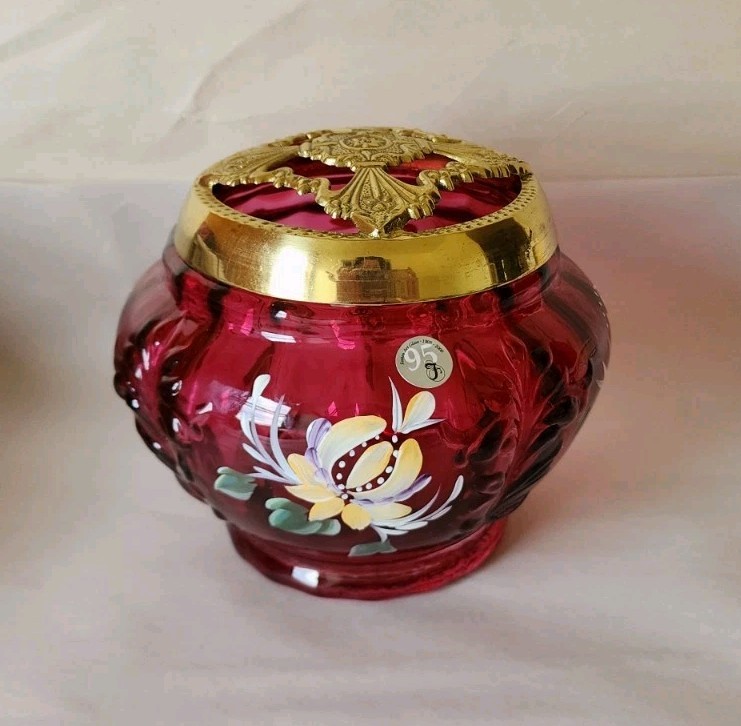 Vintage Fenton Cranberry Hand Painted Potpourri Jar w/brass Lid Org. Stickers