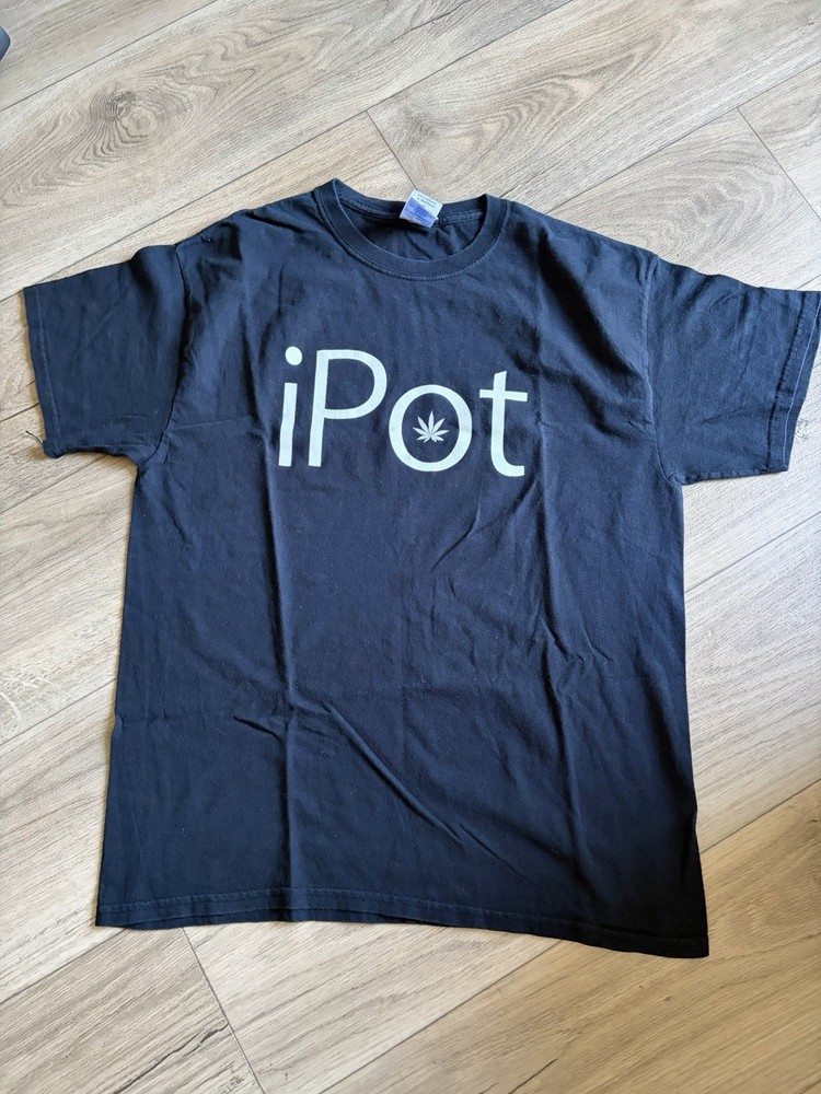 Vintage 2000s iPot Apple IPod Parody Weed Black T-shirt L Steve Jobs Y2K