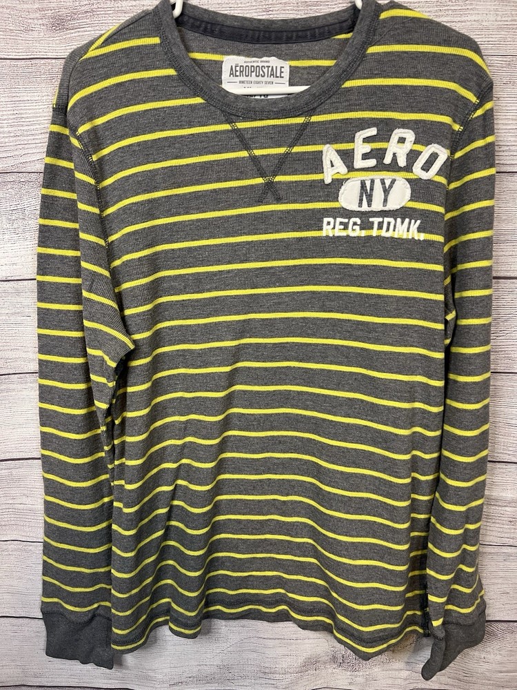 Aeropostale Men’s Long Sleeve Thermal Shirt Gray Yellow Stripe Size XL