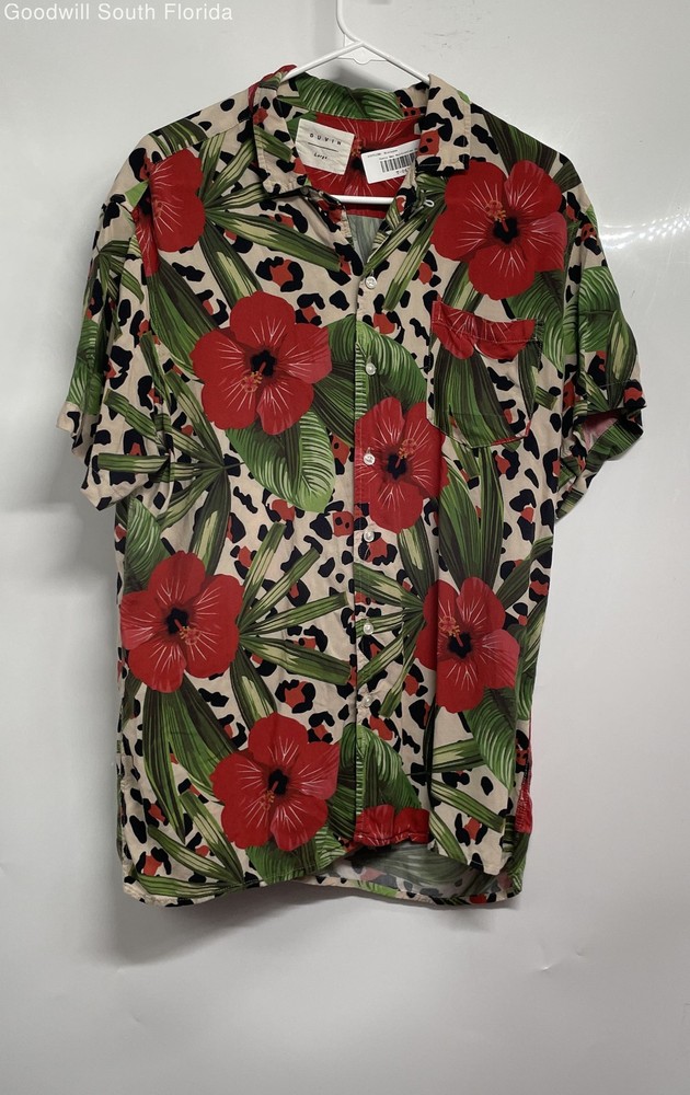 Duvin Mens Multicolor Floral Print Hawaiian Short Sleeve Button-Up Shirt Size L