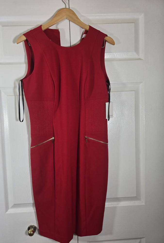 Calvin Klein Red Sheath Dress Zippers Size 8 Knee Length Sleeveless  women