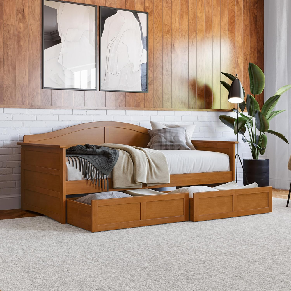 , Acadia Twin Size Wood Daybed Frame with 2 Storage Drawers, Light Toffee-image
