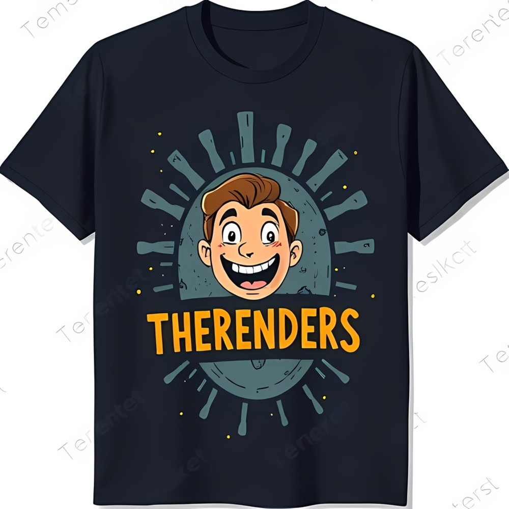 Black T-Shirt with Cartoon Smiling Face and Design 'THRENDERERS' Graphic