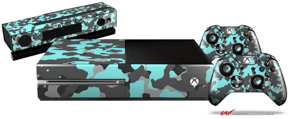 Old School Camouflage Camo Neon Teal Skin Set fits XBOX One Controllers
