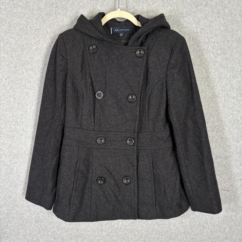 Anne Klein Jacket Medium Charcoal Peacoat Wool Hood Fisherman Double Breasted