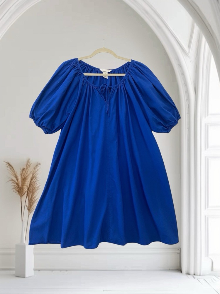 H&M Blue Puff Sleeve Tie Neck Dress Women’s Size Small Casual Chic