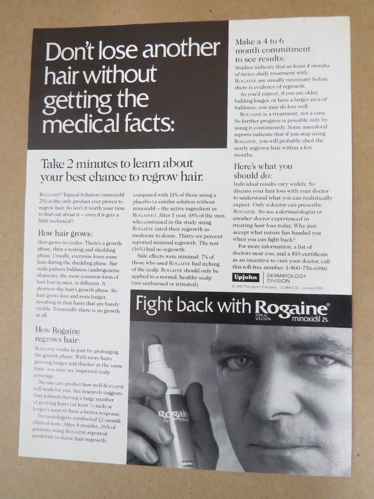 Rogaine Hair Regrowth Treatment Magazine Print Ad 1993 Medical Minoxidil
