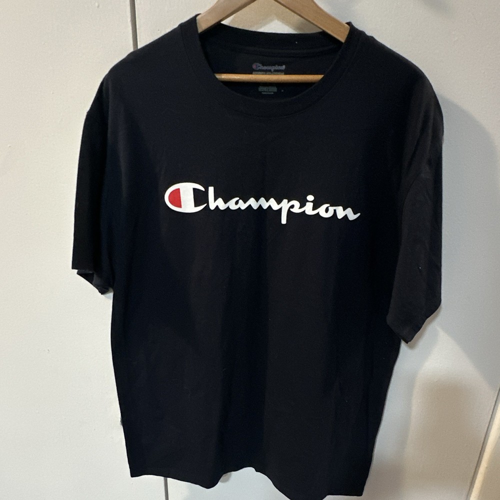 Champion Men's Black Short Sleeve Crew Neck Graphic Logo T-Shirt, Size L
