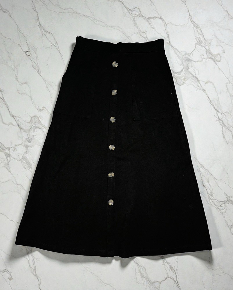 Black Button Front Midi Skirt A-Line Pockets High Waist Minimalist