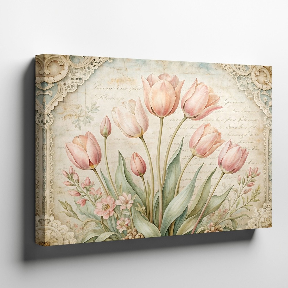 Pink Tulip Flowers Canvas Wall Art Vintage Floral Botanical Print Home Decor