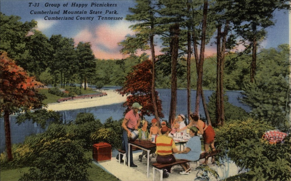 Cumberland Co State Park Tennessee picknickers cooler lake vintage postcard
