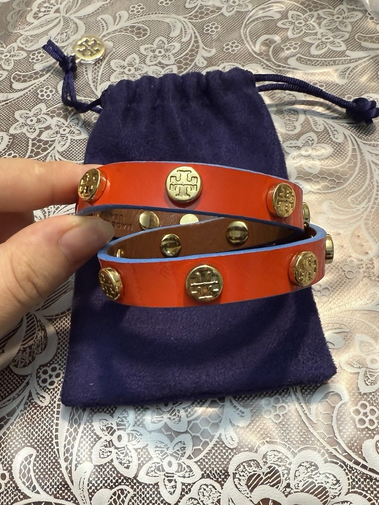 Tory Burch Red Double Wrap Leather Logo Stud Bracelet Gold Tone - Adjustable
