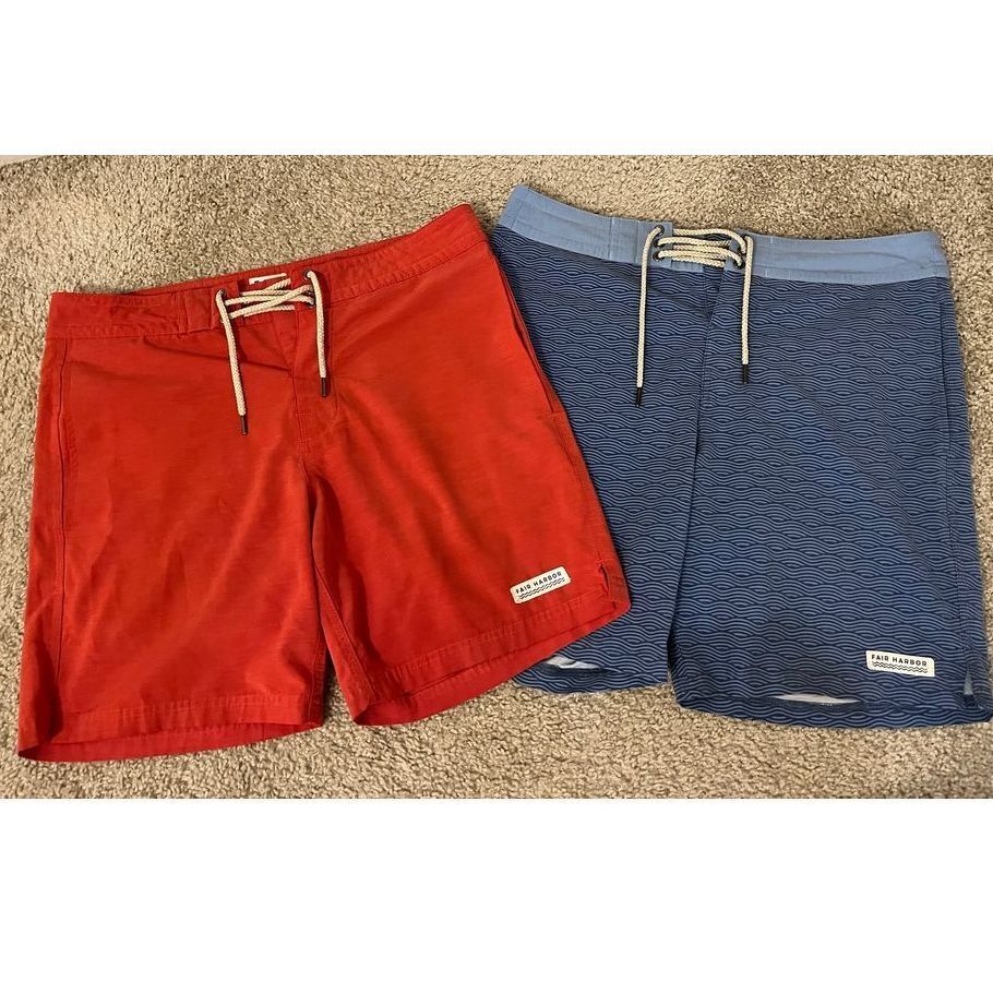Fair Harbor Men's Swim Shorts Bundle Red & Blue Wave Pattern Summer Trunks, 32