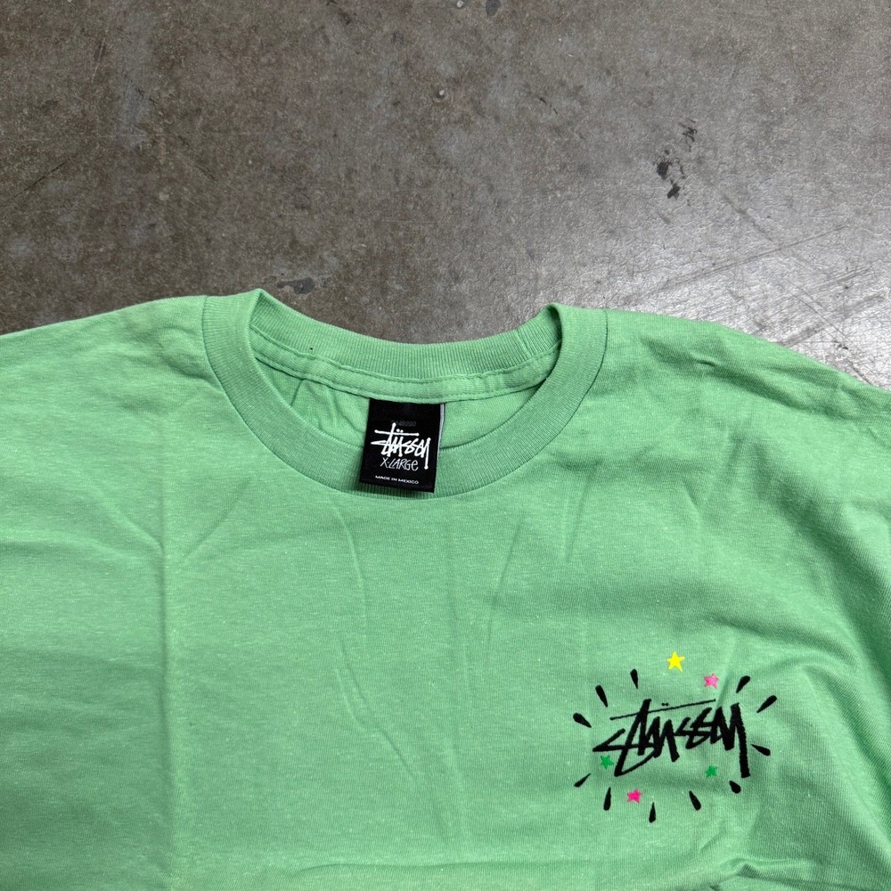 Stussy Mens XL Green Graphic T-Shirt Psychedelic Skull Logo Streetwear Tee