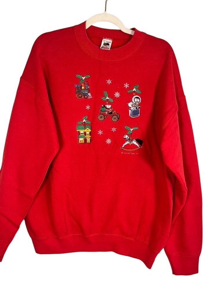 Vintage Christmas Embroidered Sweatshirt Red L Festive Holiday Retro Classic 80s