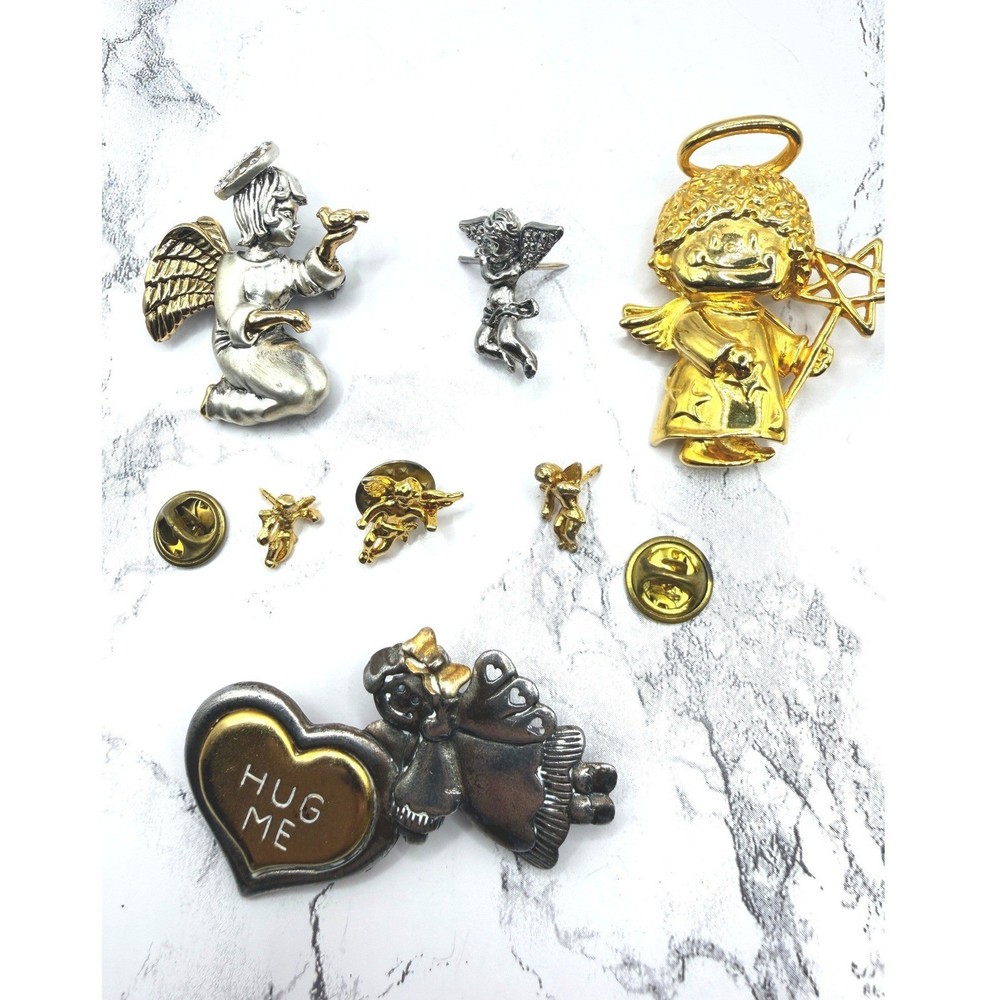 Lot 7 Angel Pins Religious Lapel Pins Gold Tone Guardian Angel Jewelry