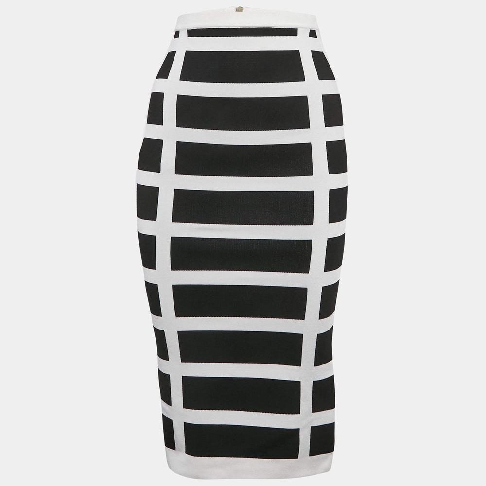 Balmain WhiteBlack Intarsia Knit ZipUp Pencil Midi Skirt S