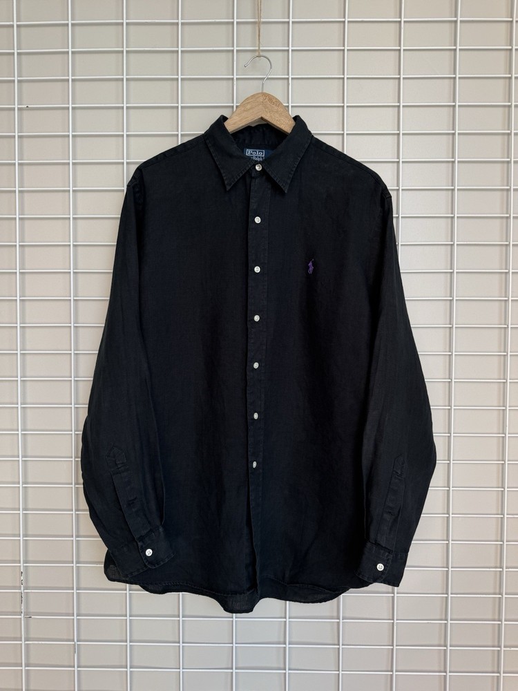 Polo Ralph Lauren Vintage Linen Button Shirt Mens Size L Black Long Sleeve